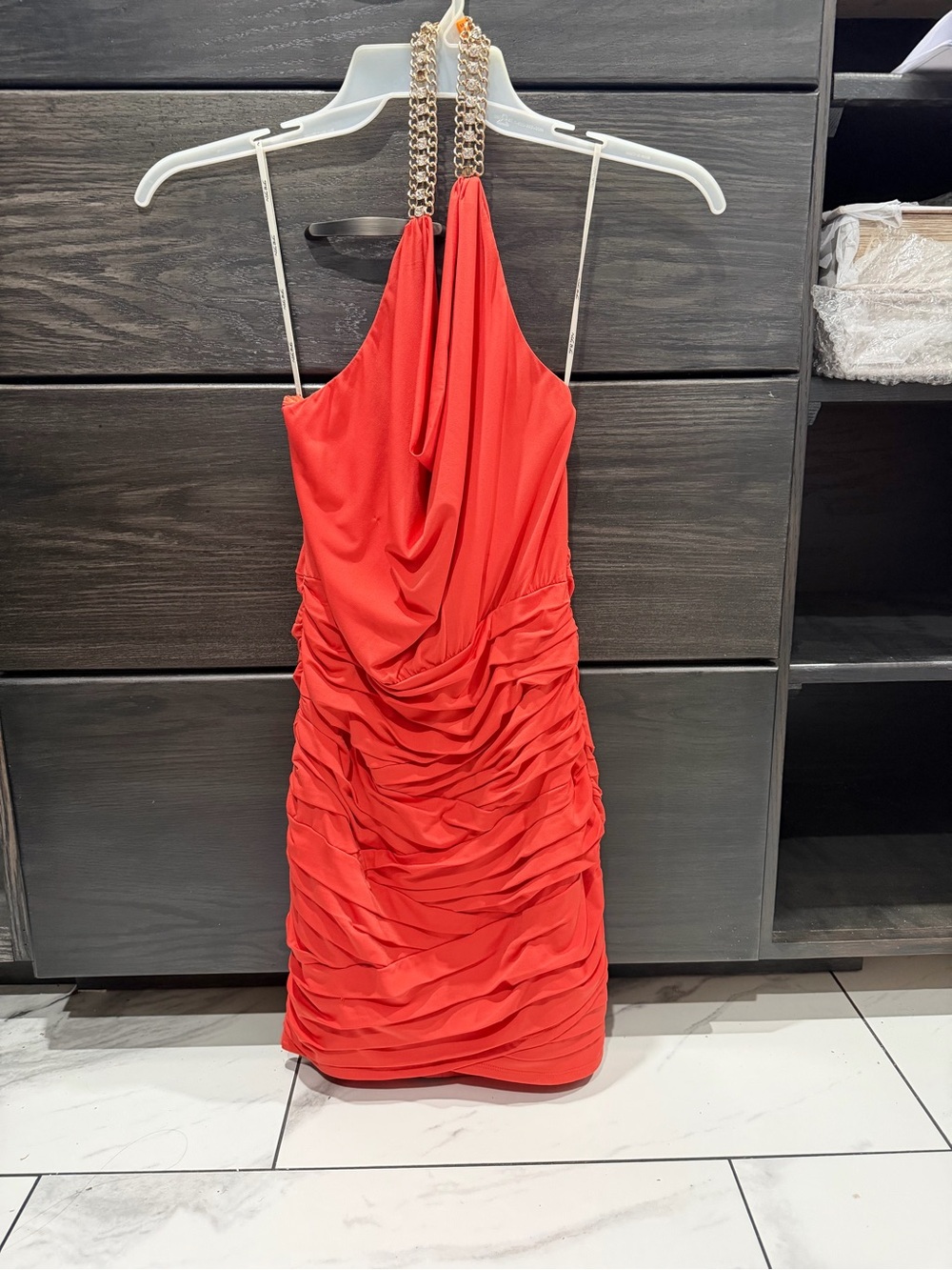 Nikibiki Burnt Orange Halter Ruched Dress with Gold Chain Straps